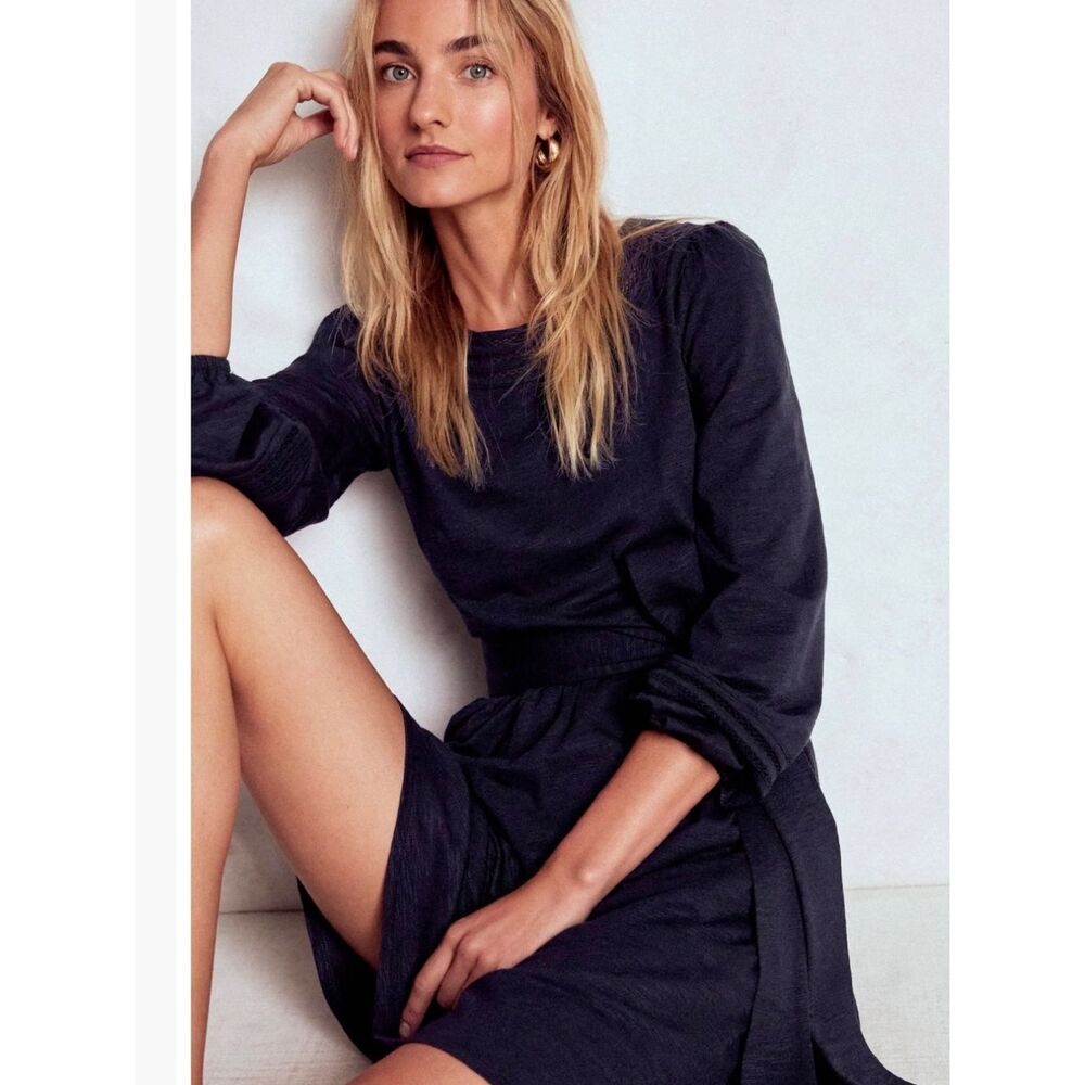 BODEN Athina Embroidered Long Sleeve Cotton Blend Dress, Navy, Size 10, NWOT
